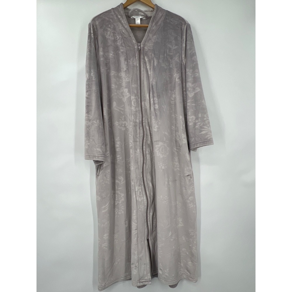 Adonna Sleepwear XL‎ Mauve Floral Embossed Velour Zip Front Long Robe Pockets